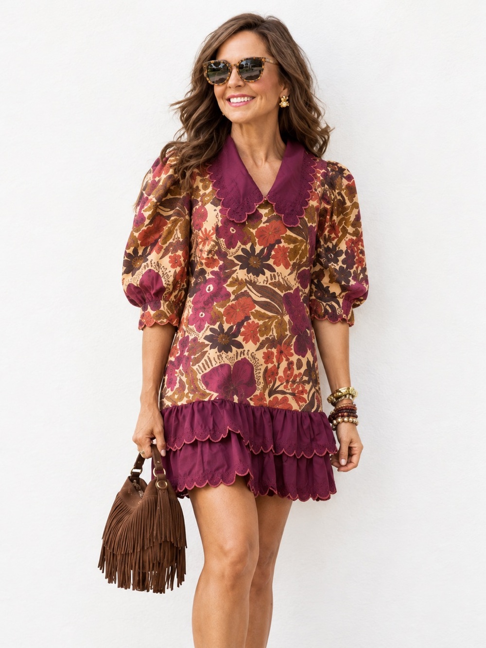 NWT Scalloped Tiered Mini Dress Berry Floral puff sleeves, statement collar, XL